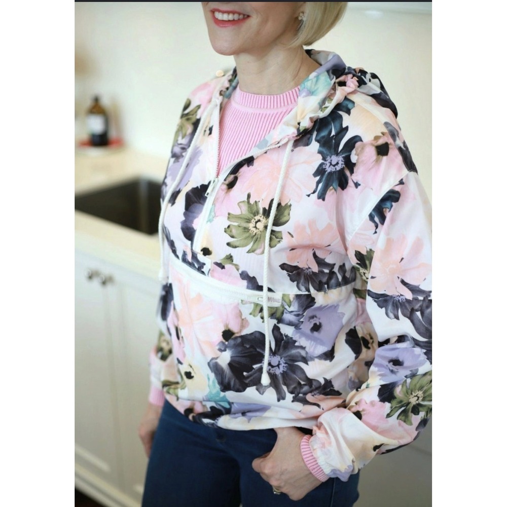 Thread + Supply Womens Floral Half Zip Windbreaker Hooded Anorak Pink Small